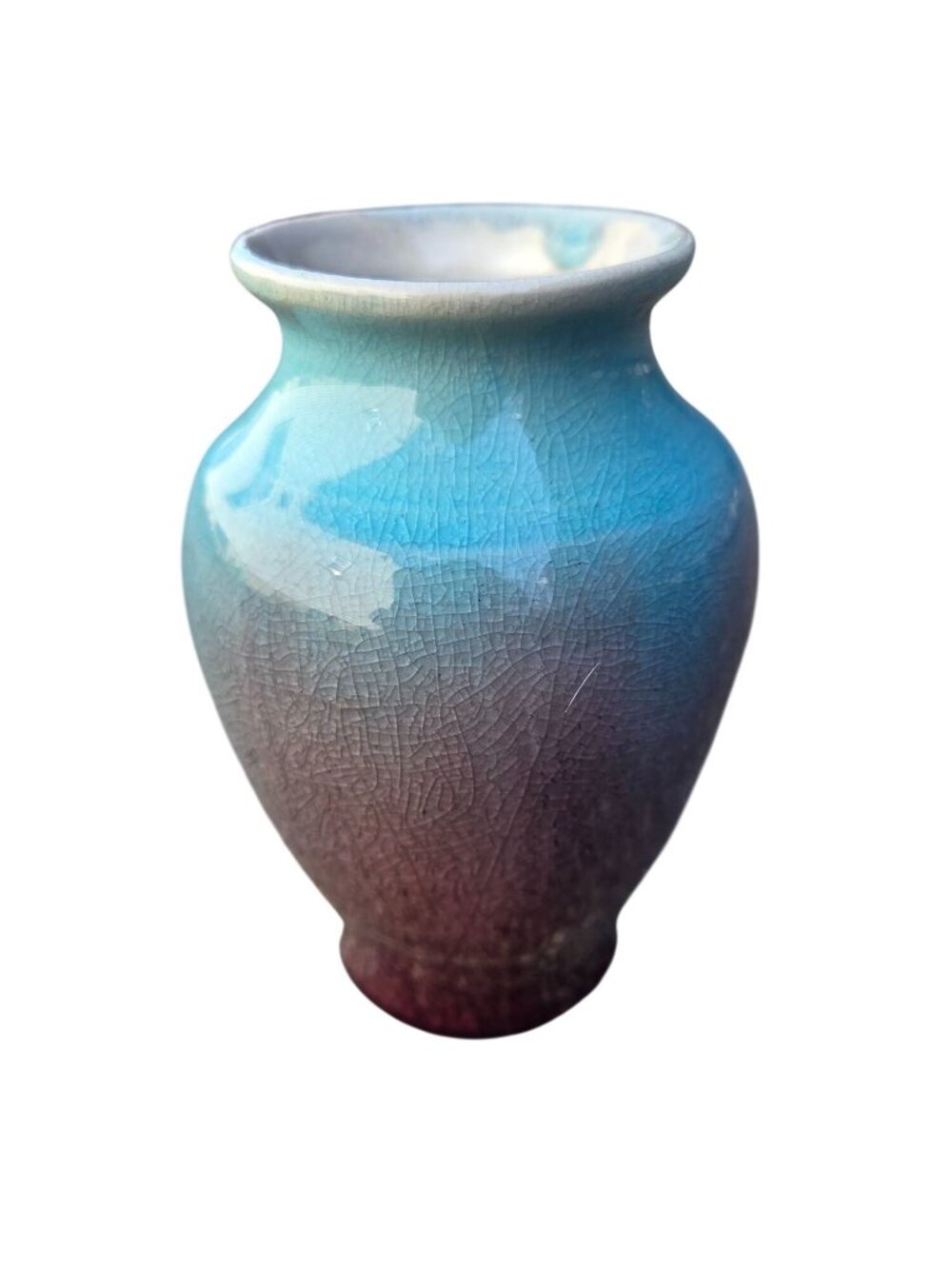 Vintage Pisgah Forest Art Pottery Vase Aqua / Purple Crackle Glaze 5 1/2" Tall